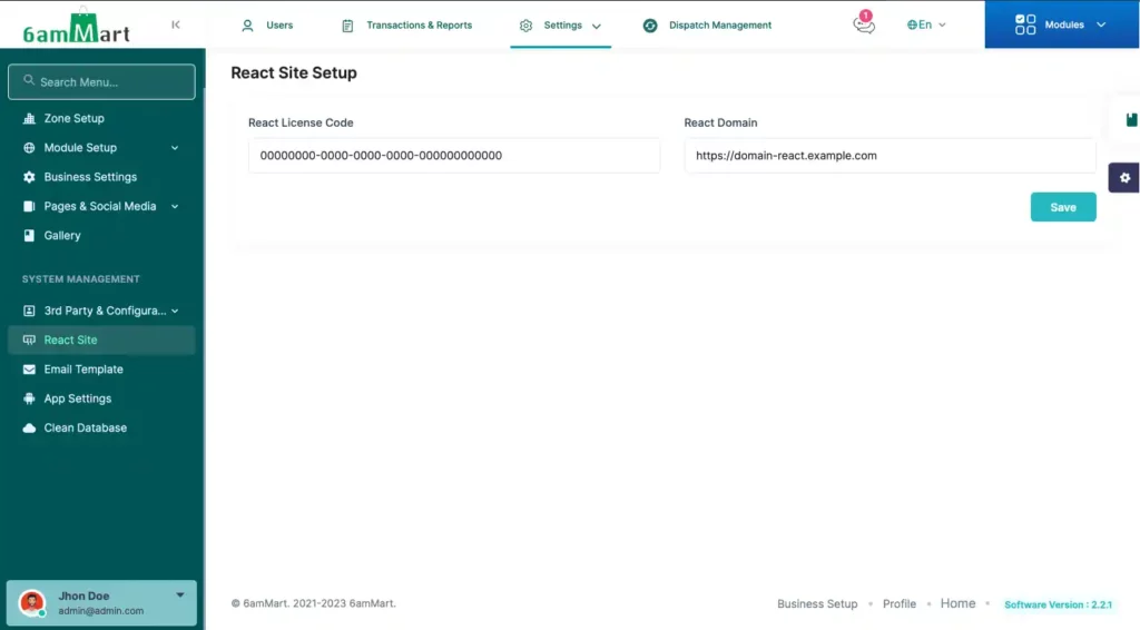 6amMart Doc React Web App Activation In Admin Panel SS